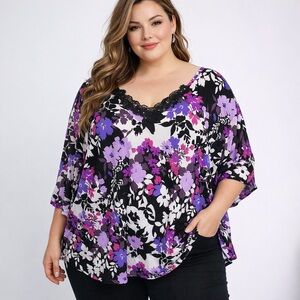 Yummy Plus Women's Blouse Lace Trim Black Purple Floral Lace 2X